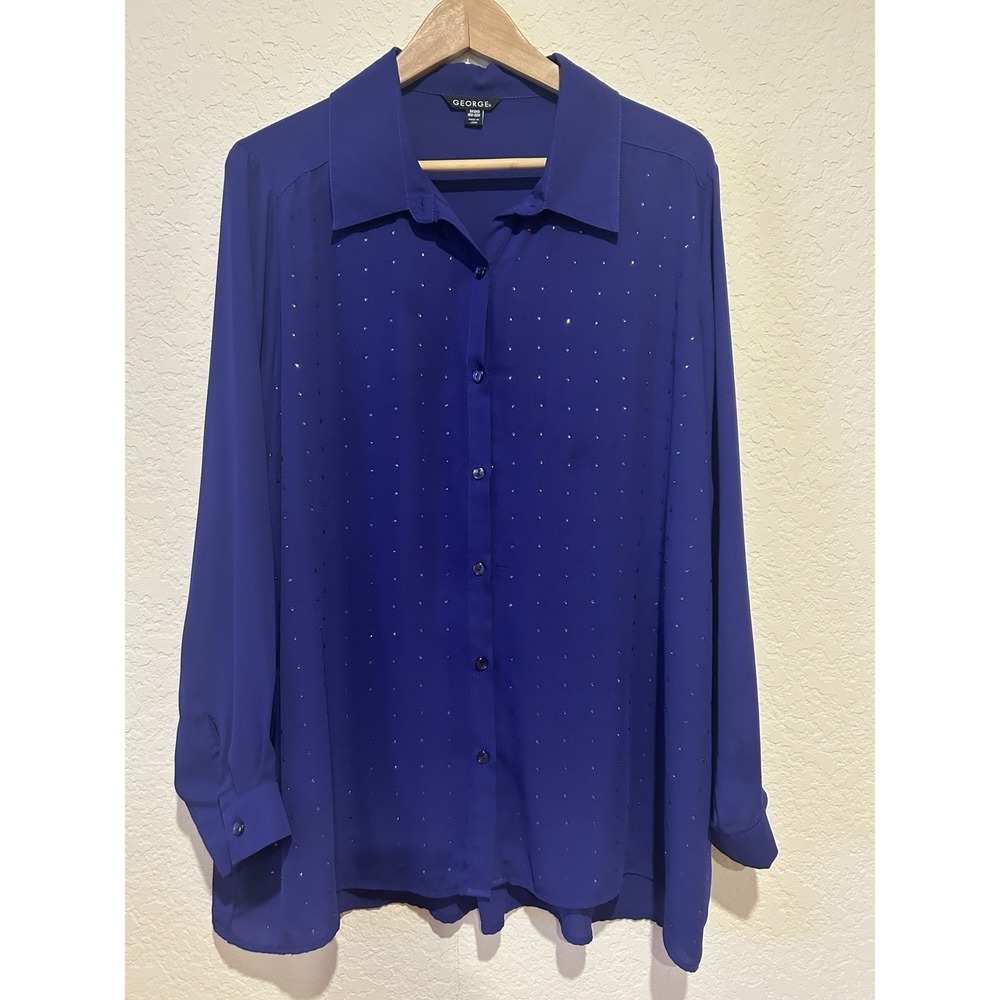 George Womens Semi Sheer Purple Button Up Shirt Y2K Bling Career Office 2X‎ NWOT
